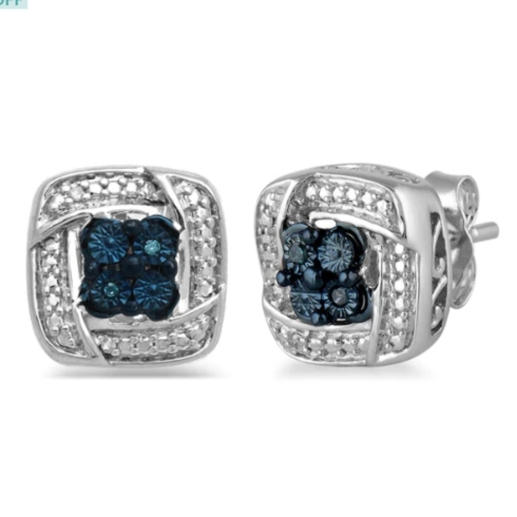 Jewelili Silver W Treated Blue Diamonds White Natural Diamonds Stud Earrings
